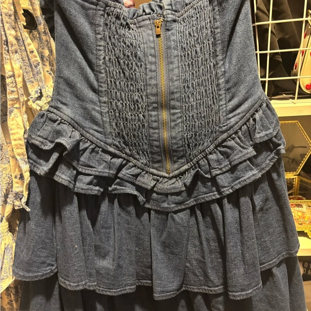 LoveShackFancy x Gap Strapless Ruffle Tiered Denim Mini Dress - Blue - Picture 5 of 6